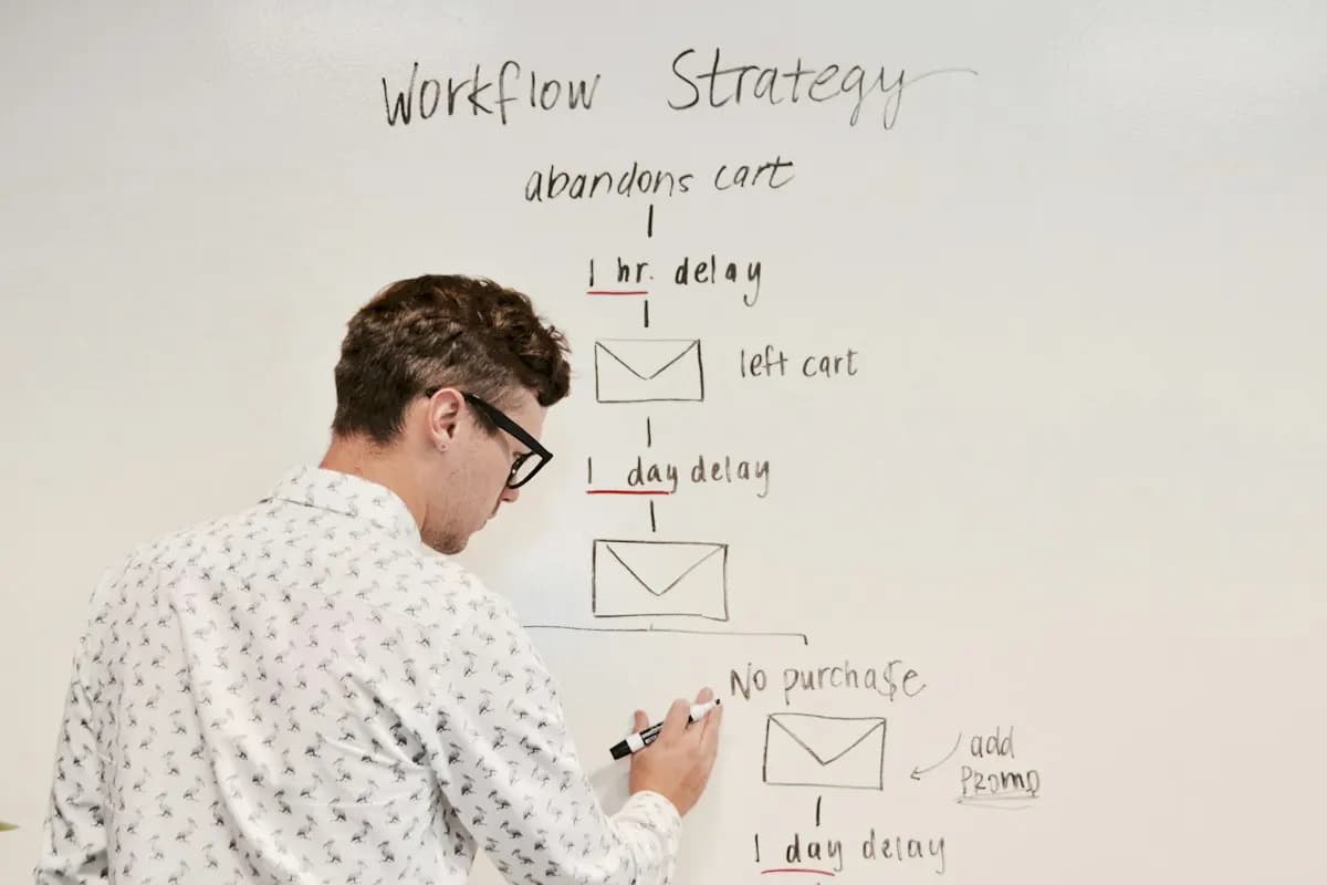 Person sketching an automated workflow with delays and triggers on a whiteboard