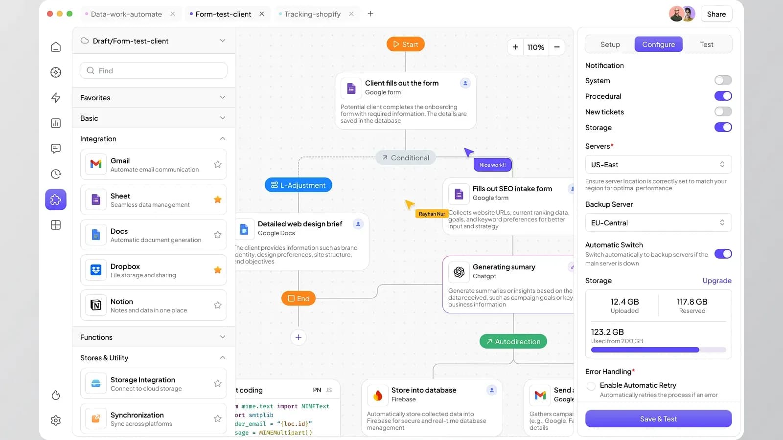 Workflow automation builder connecting a client form, Google Sheets, Gmail and a database — CRM and business automation software in Kerala