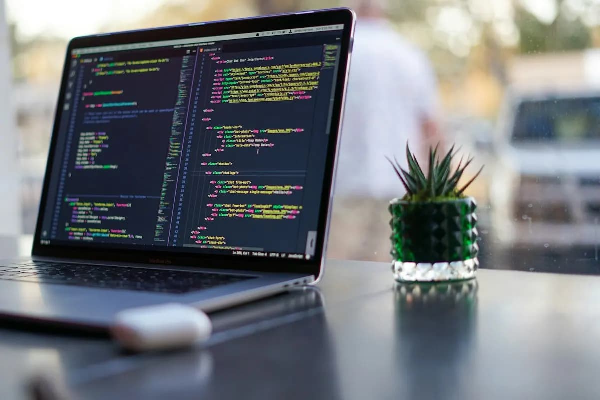 Laptop showing source code for a custom web application on a desk