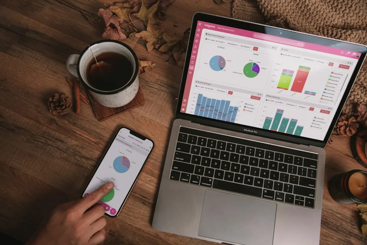 Laptop and smartphone showing lead source analytics charts on a desk